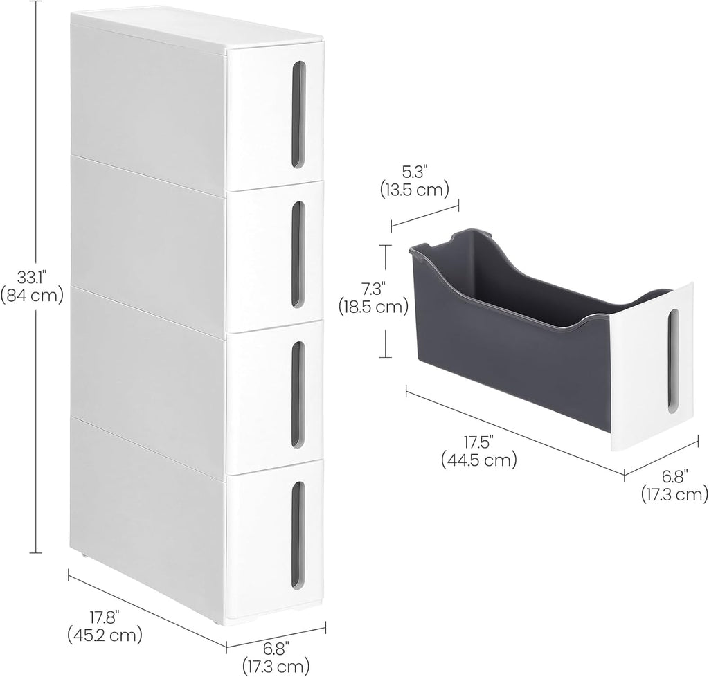 SONGMICS Etajera ingusta cu roti, pentru baie sau bucatarie, cu 4 sertare, 45x17x84 cm, alb