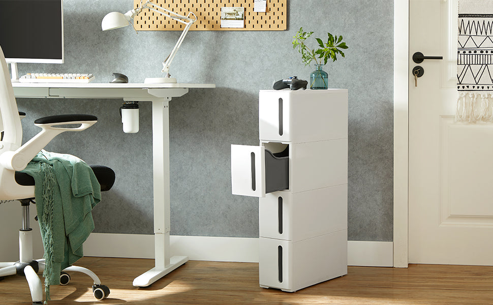 SONGMICS Etajera ingusta cu roti, pentru baie sau bucatarie, cu 4 sertare, 45x17x84 cm, alb