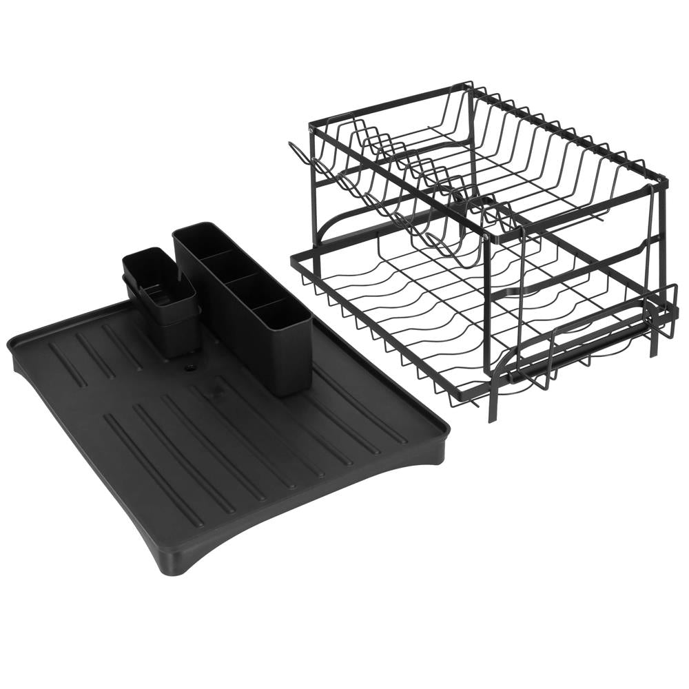 Suport vase 2 niveluri cu tava scurgere si suport tacamuri, 42x30x31,5 cm, negru