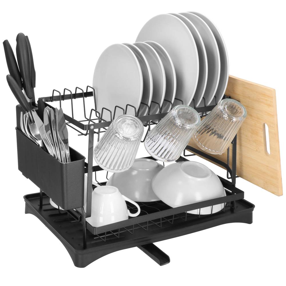 Suport vase 2 niveluri cu tava scurgere si suport tacamuri, 42x30x31,5 cm, negru