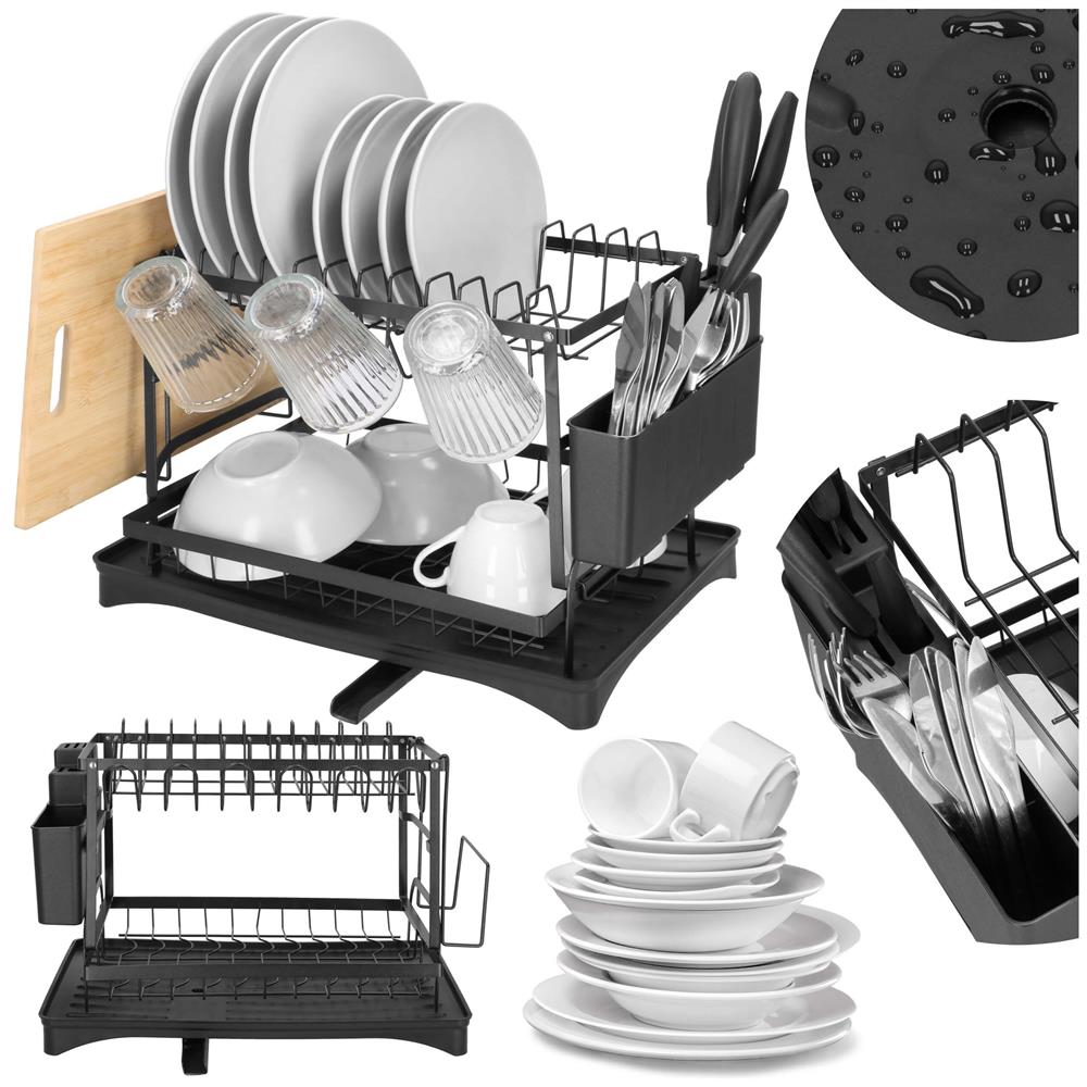 Suport vase 2 niveluri cu tava scurgere si suport tacamuri, 42x30x31,5 cm, negru