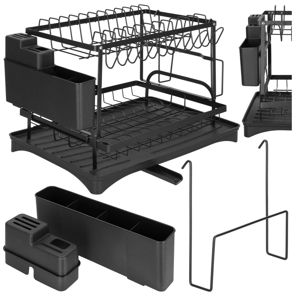 Suport vase 2 niveluri cu tava scurgere si suport tacamuri, 42x30x31,5 cm, negru