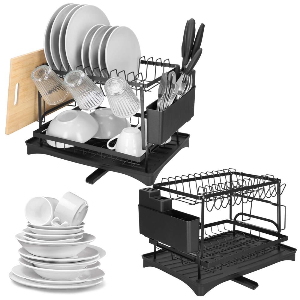 Suport vase 2 niveluri cu tava scurgere si suport tacamuri, 42x30x31,5 cm, negru