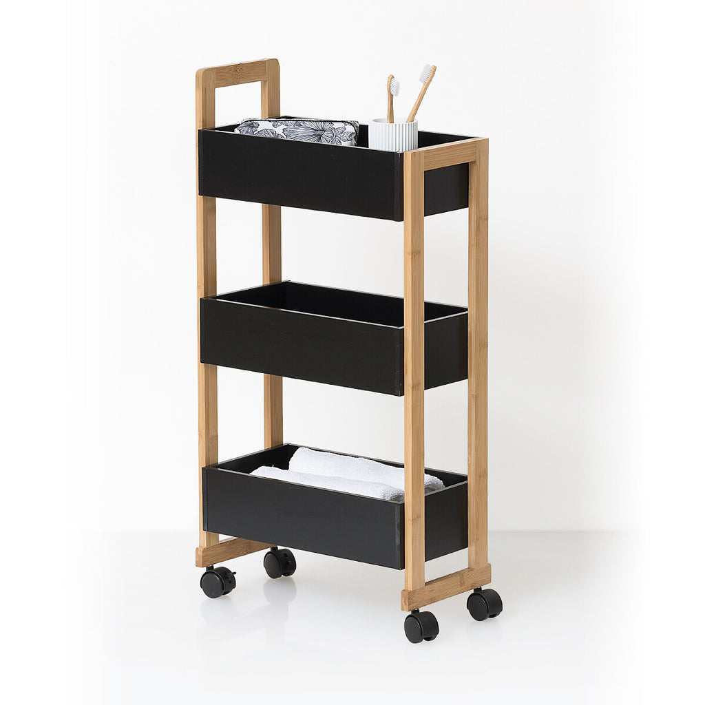 Etajera cu roti Atmosphera Natureo cu 3 niveluri, bambus si MDF, 41x20x81 cm, negru