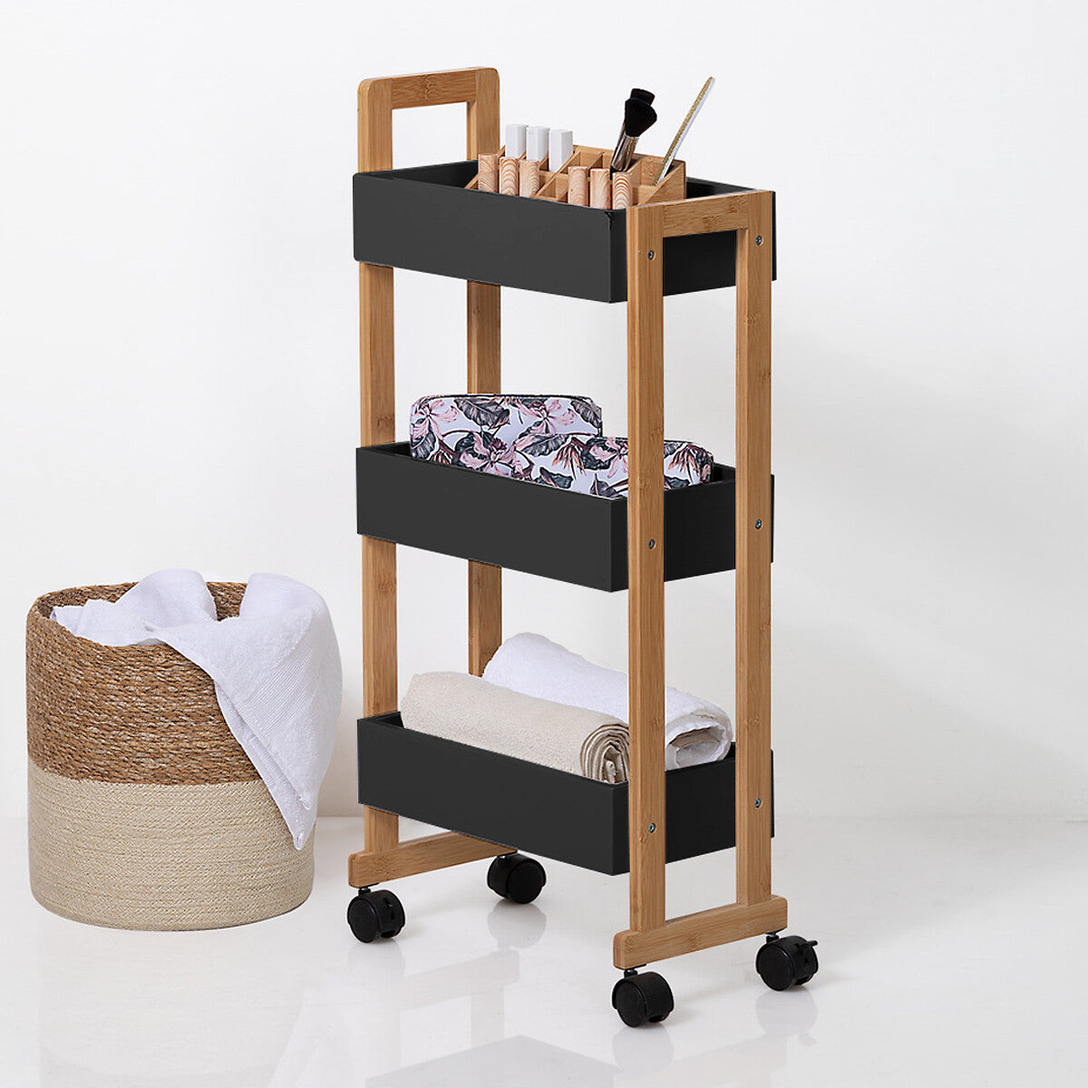 Etajera cu roti Atmosphera Natureo cu 3 niveluri, bambus si MDF, 41x20x81 cm, negru