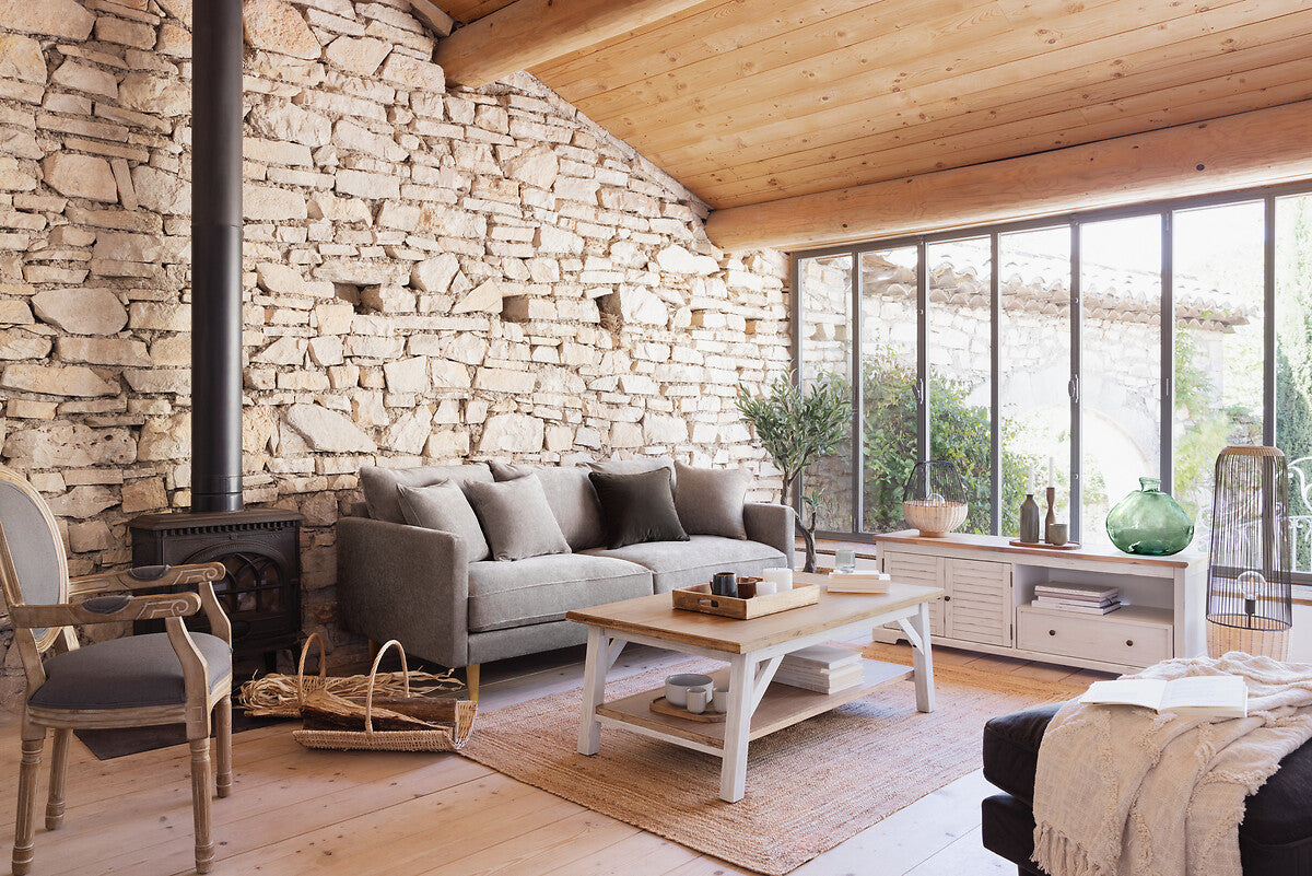 Masuta cafea Atmosphera Olbia cu 2 blaturi, MDF si acacia, 120x70x45 cm, alb