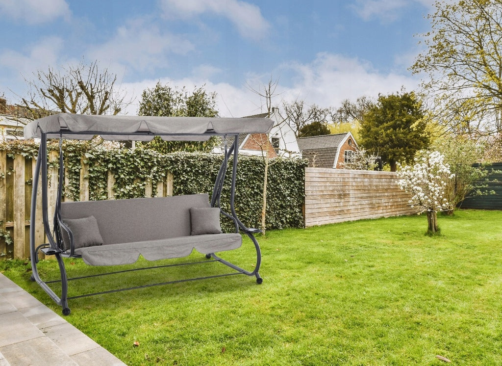 Leagan gradina 3 locuri cu baldachin reglabil, perne si suport pahare, 210x120x170 cm, gri