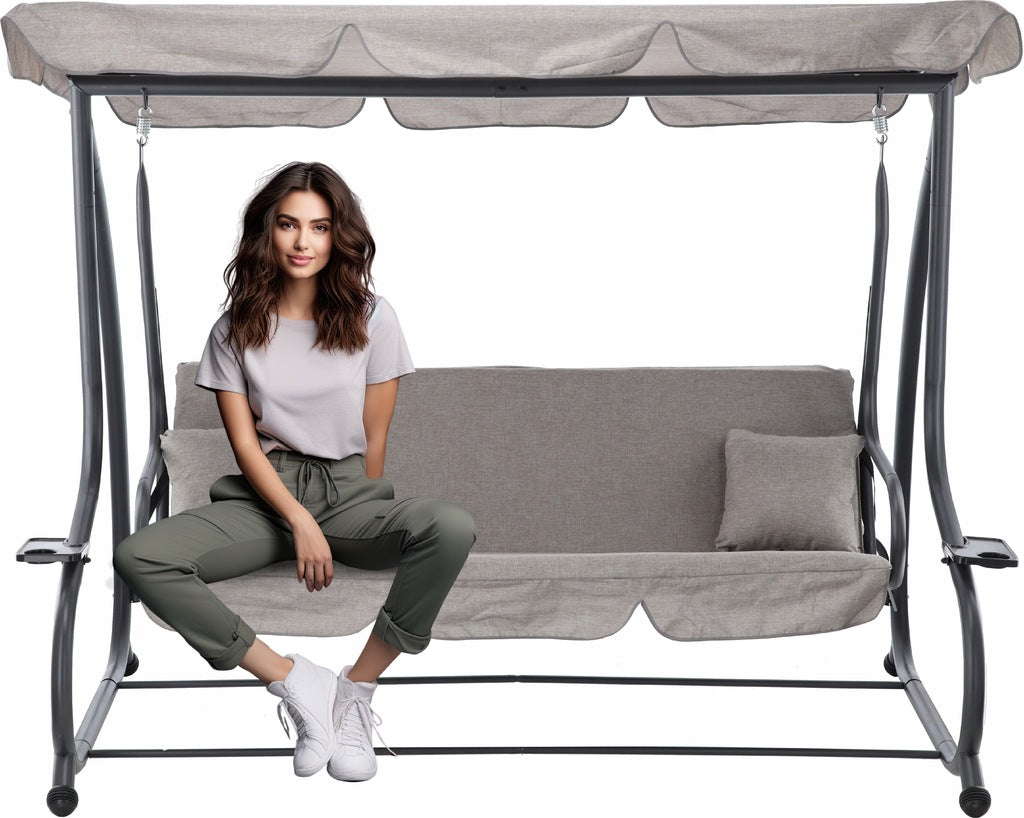 Leagan gradina 3 locuri cu baldachin reglabil, perne si suport pahare, 210x120x170 cm, gri