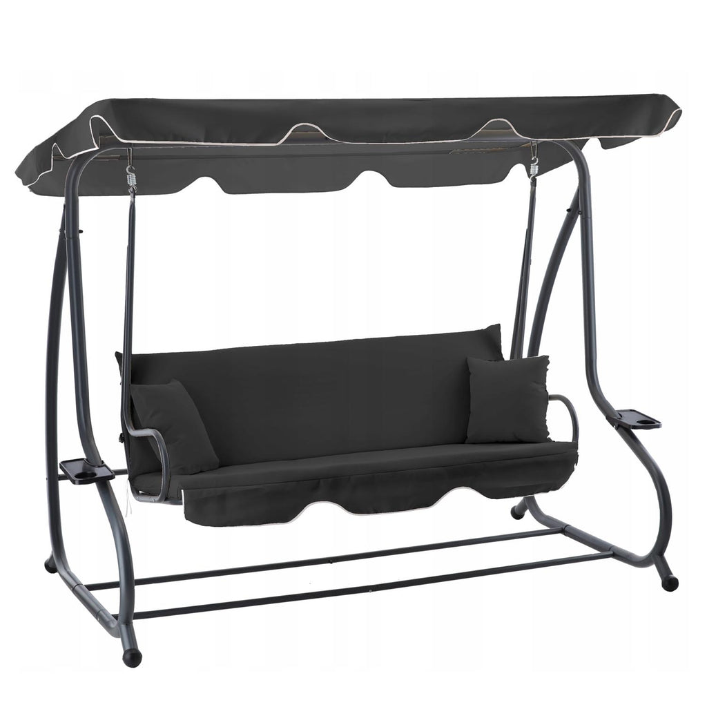 Leagan gradina 3 locuri cu baldachin reglabil, perne si suport pahare, 210x120x170 cm, gri inchis