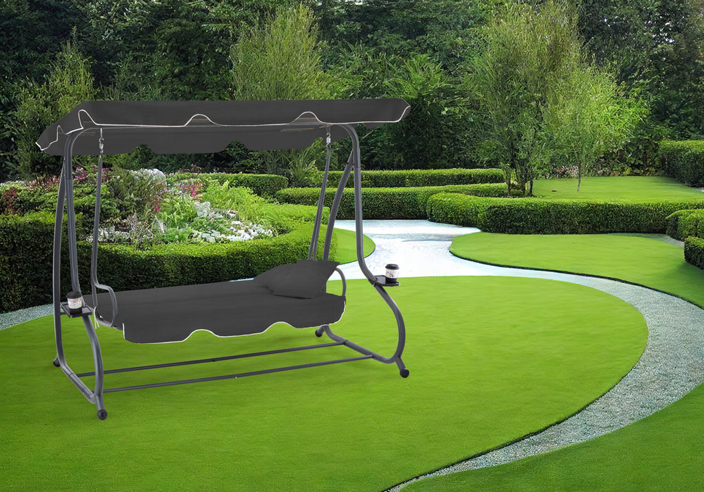 Leagan gradina 3 locuri cu baldachin reglabil, perne si suport pahare, 210x120x170 cm, gri inchis