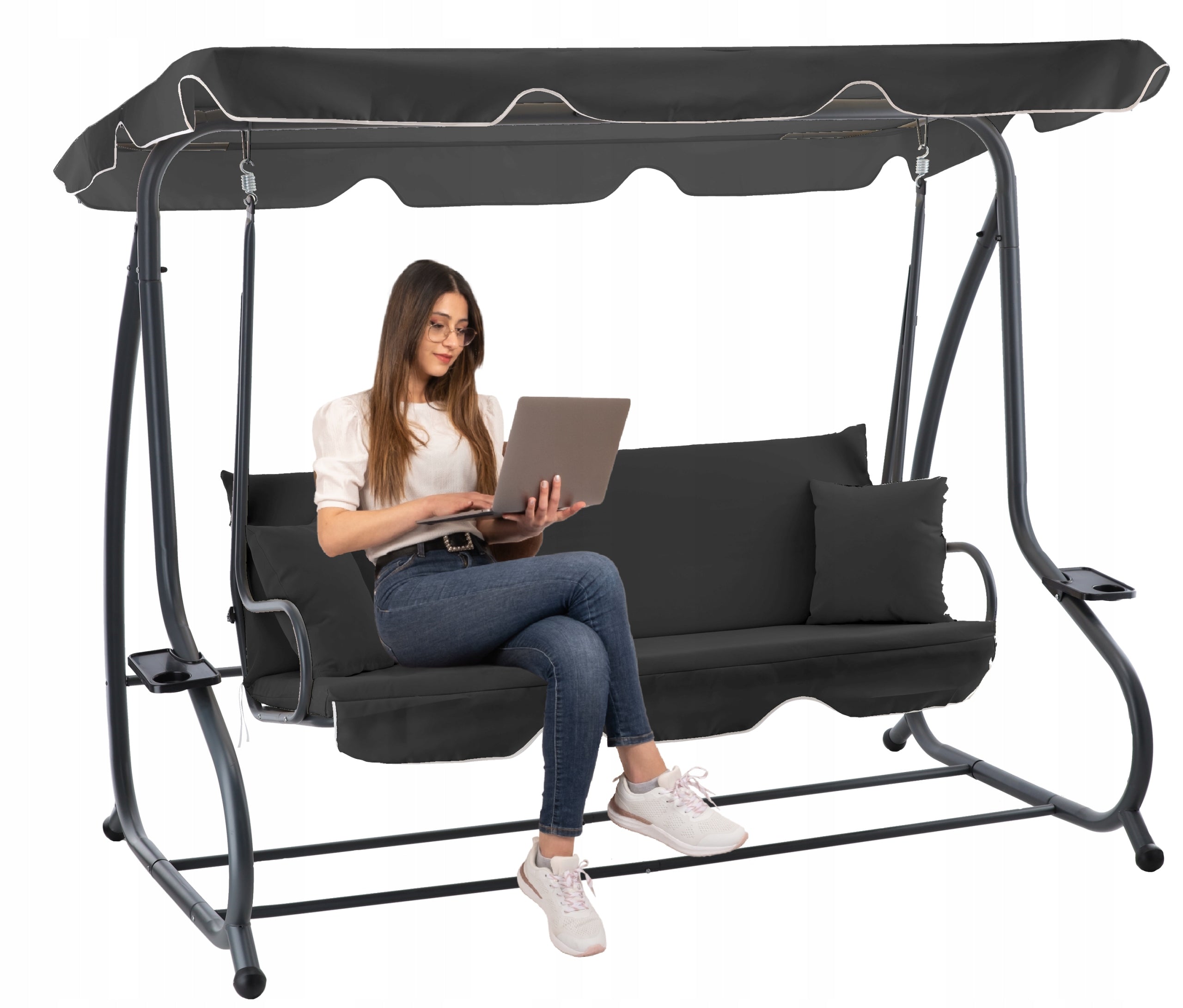 Leagan gradina 3 locuri cu baldachin reglabil, perne si suport pahare, 210x120x170 cm, gri inchis