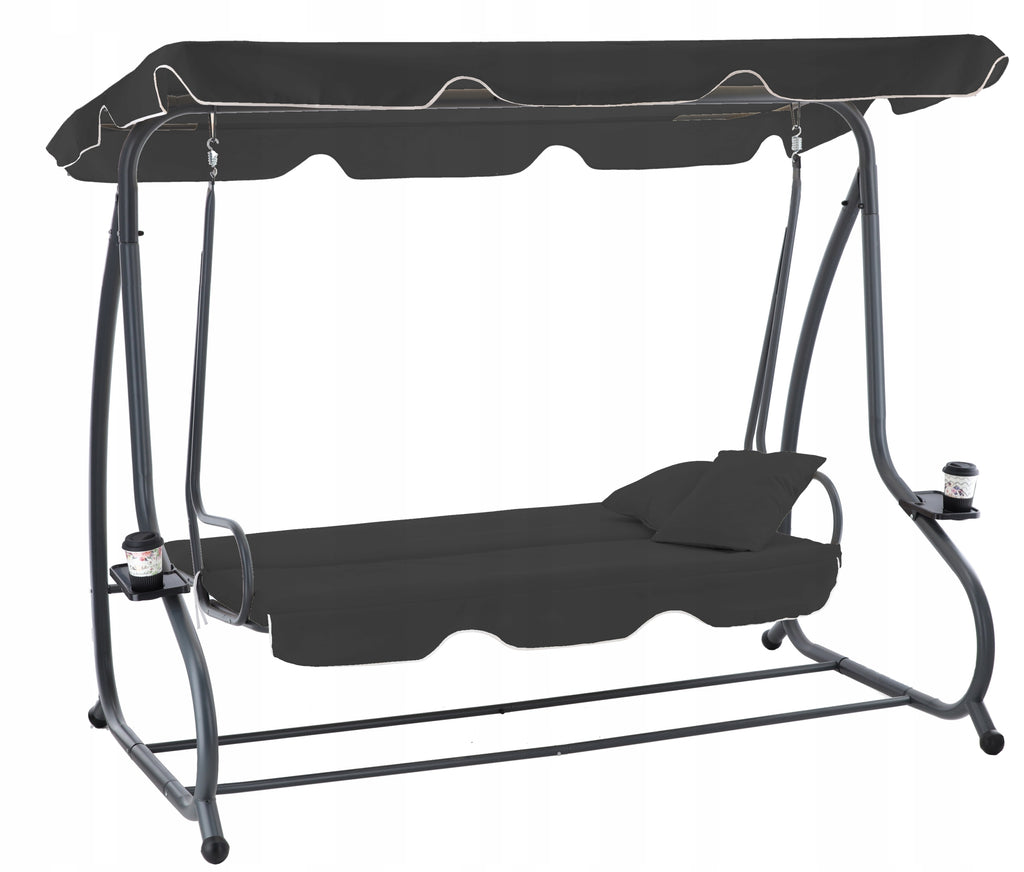 Leagan gradina 3 locuri cu baldachin reglabil, perne si suport pahare, 210x120x170 cm, gri inchis