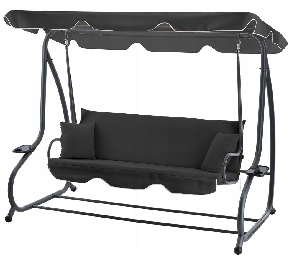 Leagan gradina 3 locuri cu baldachin reglabil, perne si suport pahare, 210x120x170 cm, gri inchis