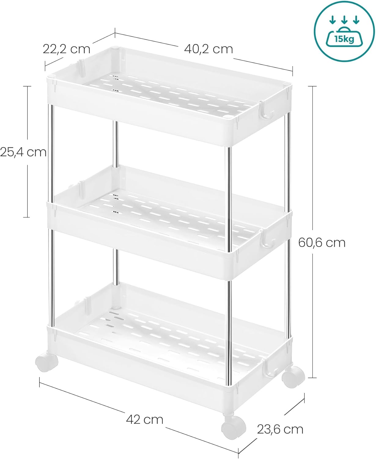 SONGMICS Carucior cu 3 niveluri, rafturi etajate detasabile, roti pivotante 360°, cadru metalic, 42x24x61 cm, alb