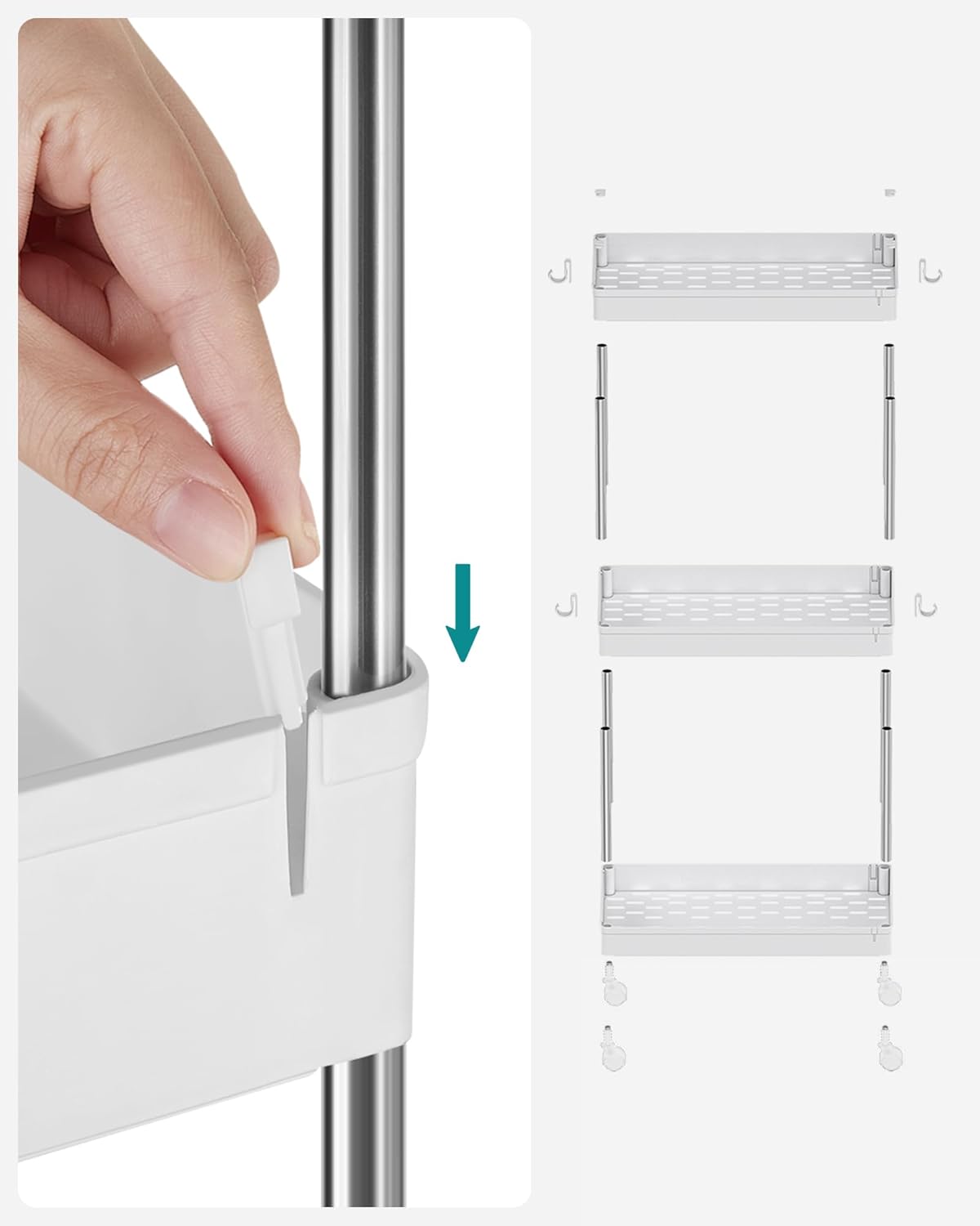 SONGMICS Carucior cu 3 niveluri, rafturi etajate detasabile, roti pivotante 360°, cadru metalic, 42x24x61 cm, alb