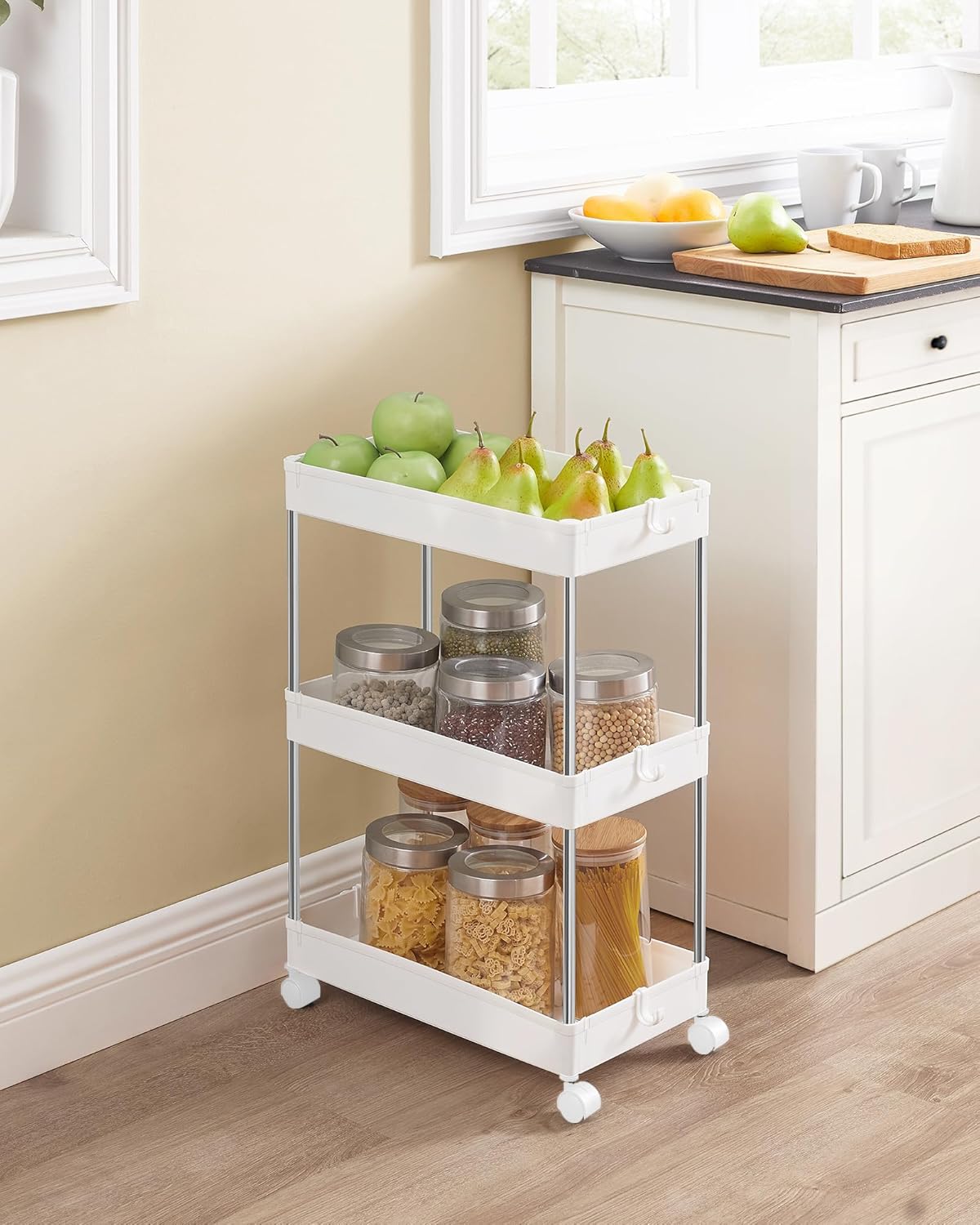 SONGMICS Carucior cu 3 niveluri, rafturi etajate detasabile, roti pivotante 360°, cadru metalic, 42x24x61 cm, alb