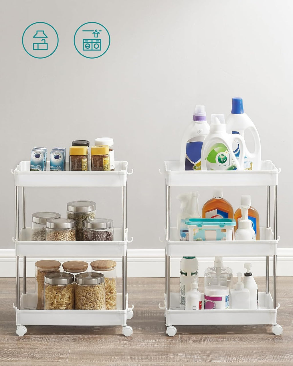 SONGMICS Carucior cu 3 niveluri, rafturi etajate detasabile, roti pivotante 360°, cadru metalic, 42x24x61 cm, alb