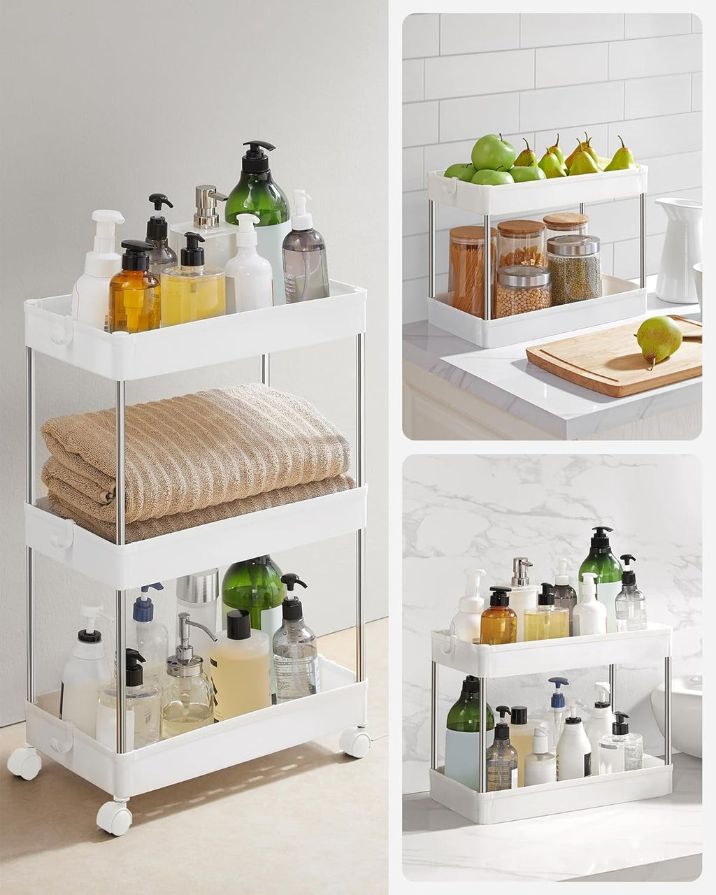 SONGMICS Carucior cu 3 niveluri, rafturi etajate detasabile, roti pivotante 360°, cadru metalic, 42x24x61 cm, alb