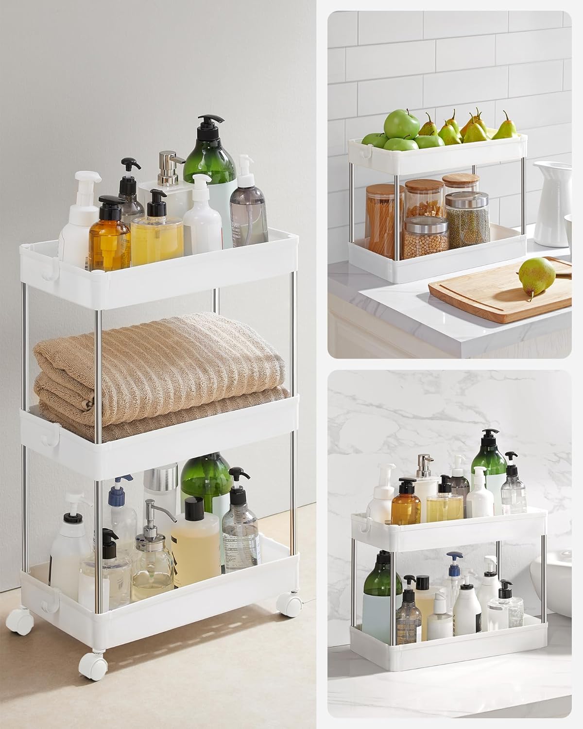 SONGMICS Carucior cu 3 niveluri, rafturi etajate detasabile, roti pivotante 360°, cadru metalic, 42x24x61 cm, alb