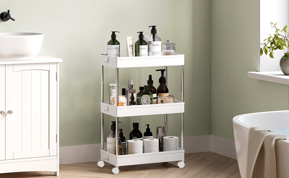 SONGMICS Carucior cu 3 niveluri, rafturi etajate detasabile, roti pivotante 360°, cadru metalic, 42x24x61 cm, alb