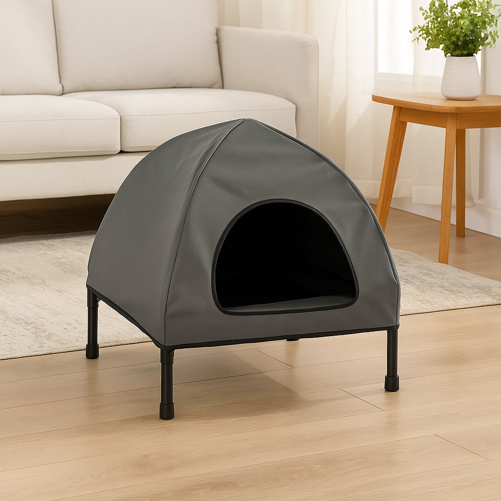 Casuta cu pat pentru caini si pisici, cu acoperis detasabil si baza ventilata, 54x44x60 cm, negru