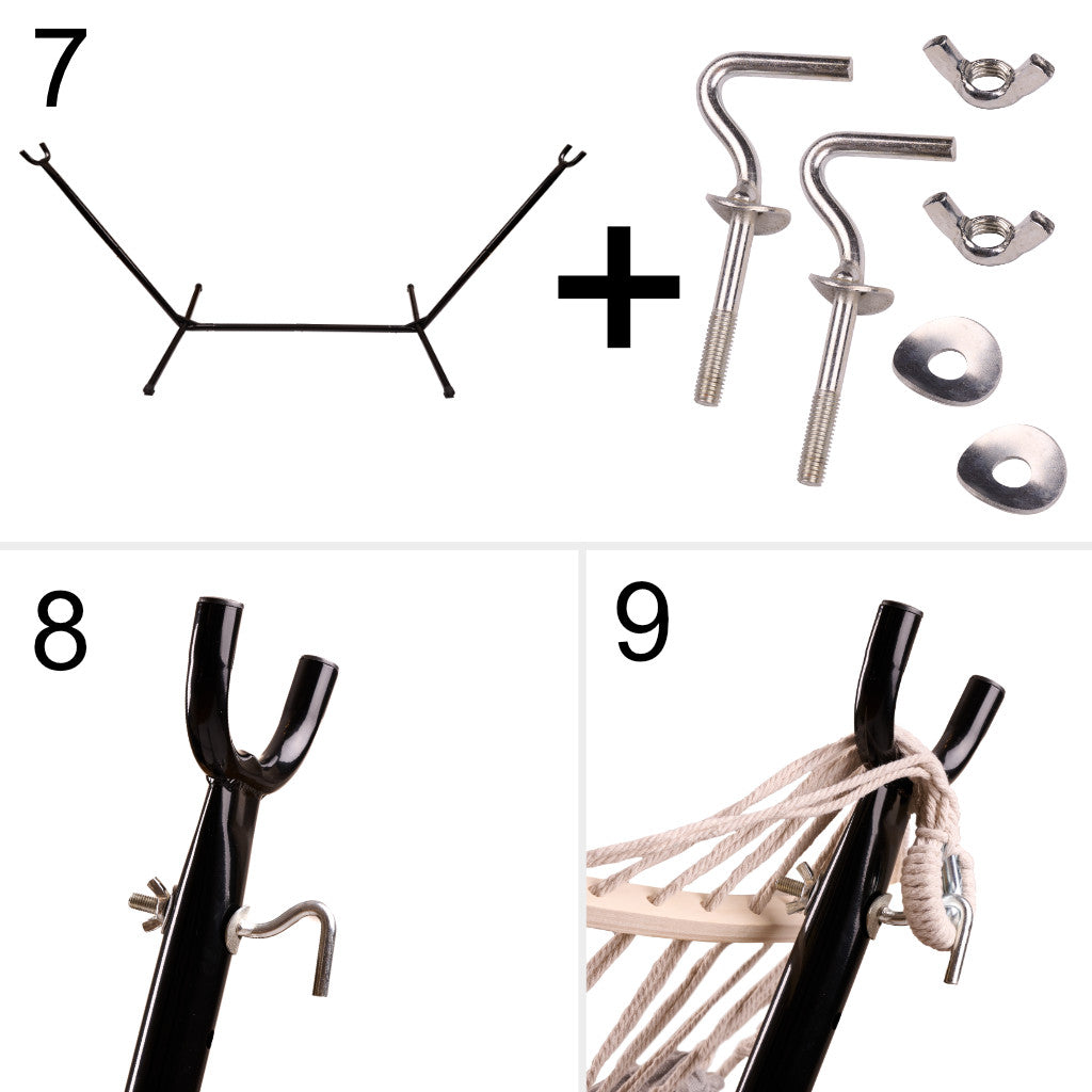 Hamac cu suport metalic, material textil 210x153 cm, cadru 247x133x104 cm, negru si gri