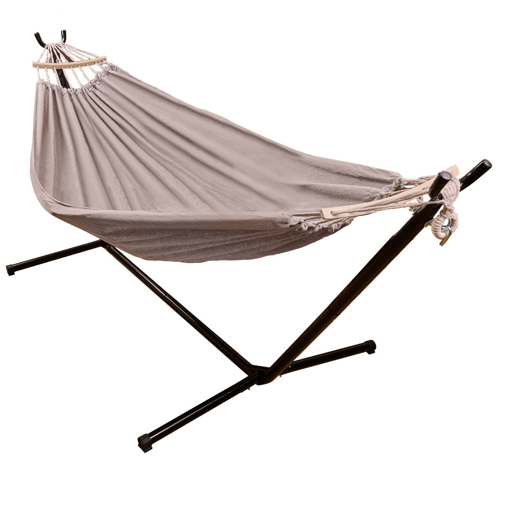 Hamac cu suport metalic, material textil 210x153 cm, cadru 247x133x104 cm, negru si gri