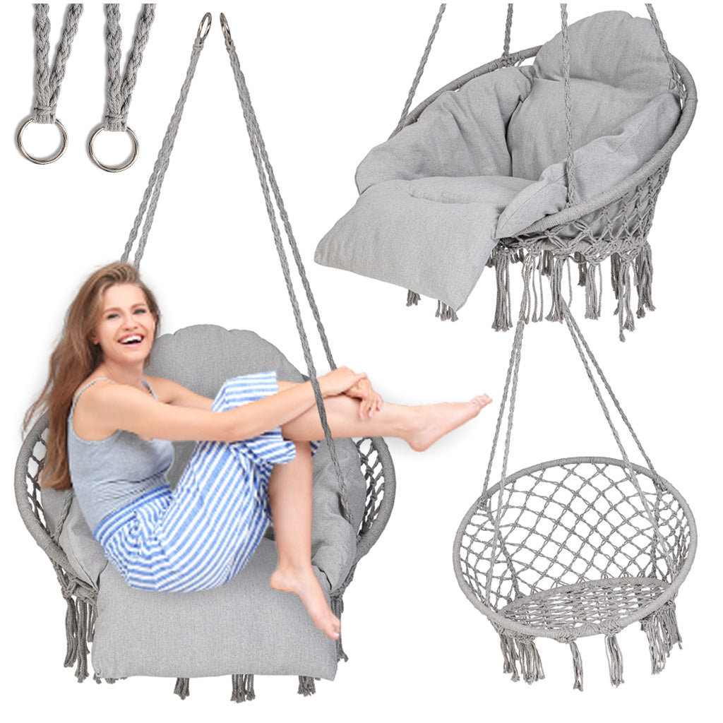 Scaun rotund tip leagan suspendat cu perna Confort Plus, casa sau gradina, gri