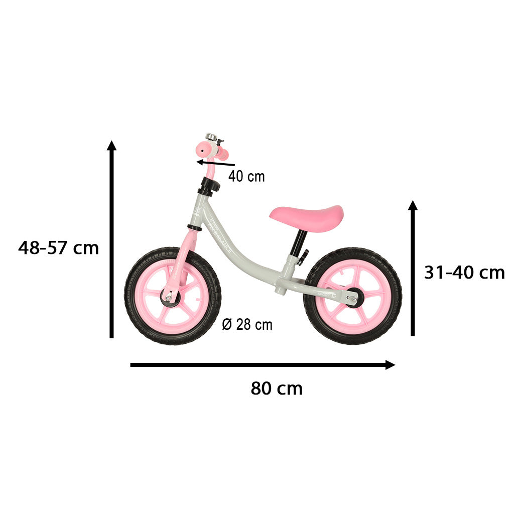 Bicicleta fara pedale pentru copii 80x40x57 cm, reglabila, roti din spuma, 1.8 kg, gri roz