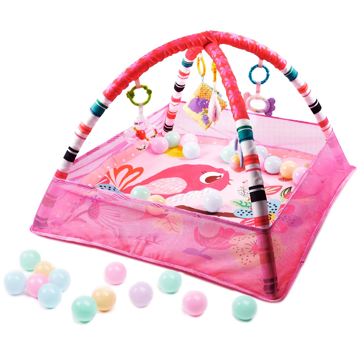 Tarc de joaca pentru bebelusi, 76x76x50 cm, roz – cu jucarii, mingi si arcade interactive