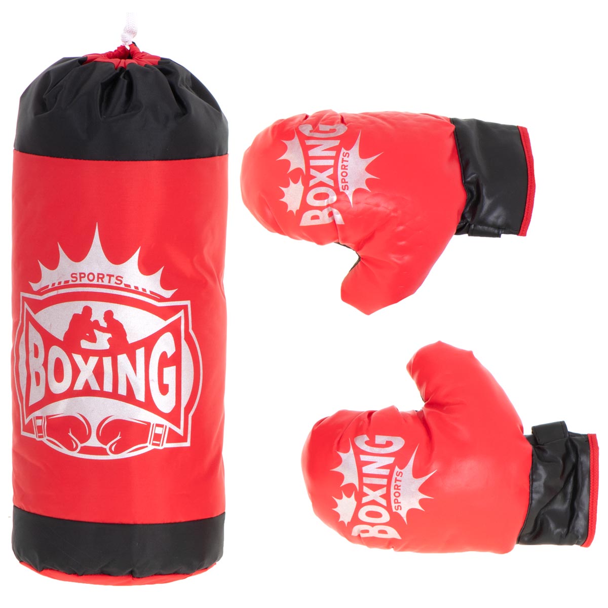 Set sac de box pentru copii 53x45 cm, cu manusi incluse, pentru antrenament acasa, rosu-negru