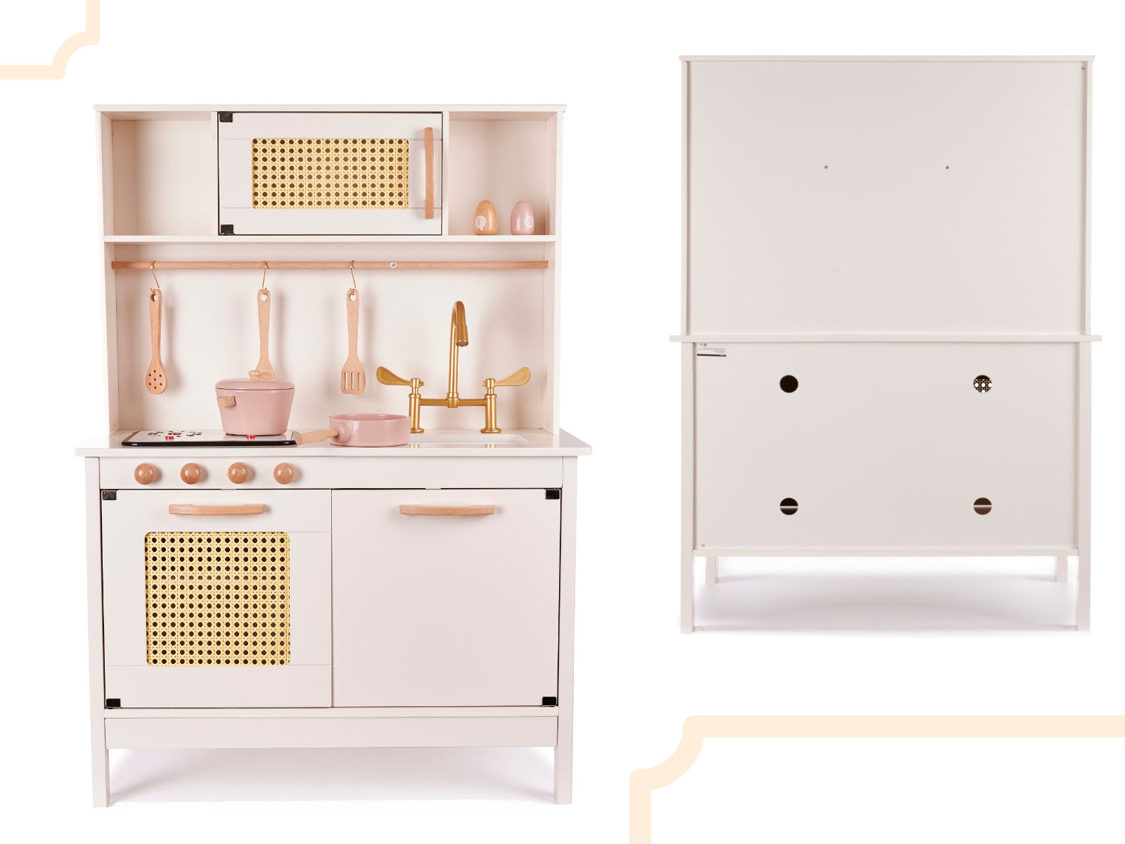 Bucatarie din lemn pentru copii 100x68x29 cm, cu accesorii si efecte luminoase, stil retro, MDF si plastic, boho, crem