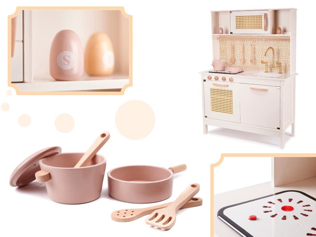 Bucatarie din lemn pentru copii 100x68x29 cm, cu accesorii si efecte luminoase, stil retro, MDF si plastic, boho, crem