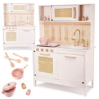 Bucatarie din lemn pentru copii 100x68x29 cm, cu accesorii si efecte luminoase, stil retro, MDF si plastic, boho, crem