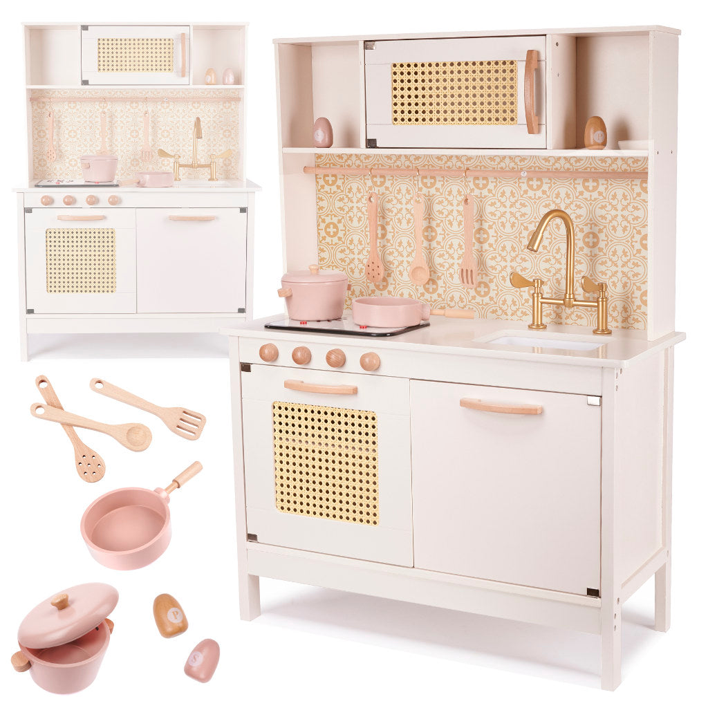 Bucatarie din lemn pentru copii 100x68x29 cm, cu accesorii si efecte luminoase, stil retro, MDF si plastic, boho, crem