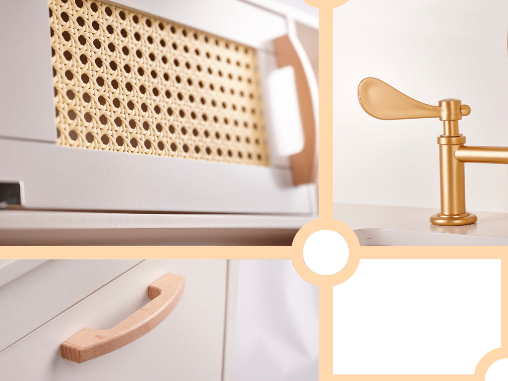 Bucatarie din lemn pentru copii 100x68x29 cm, cu accesorii si efecte luminoase, stil retro, MDF si plastic, boho, crem