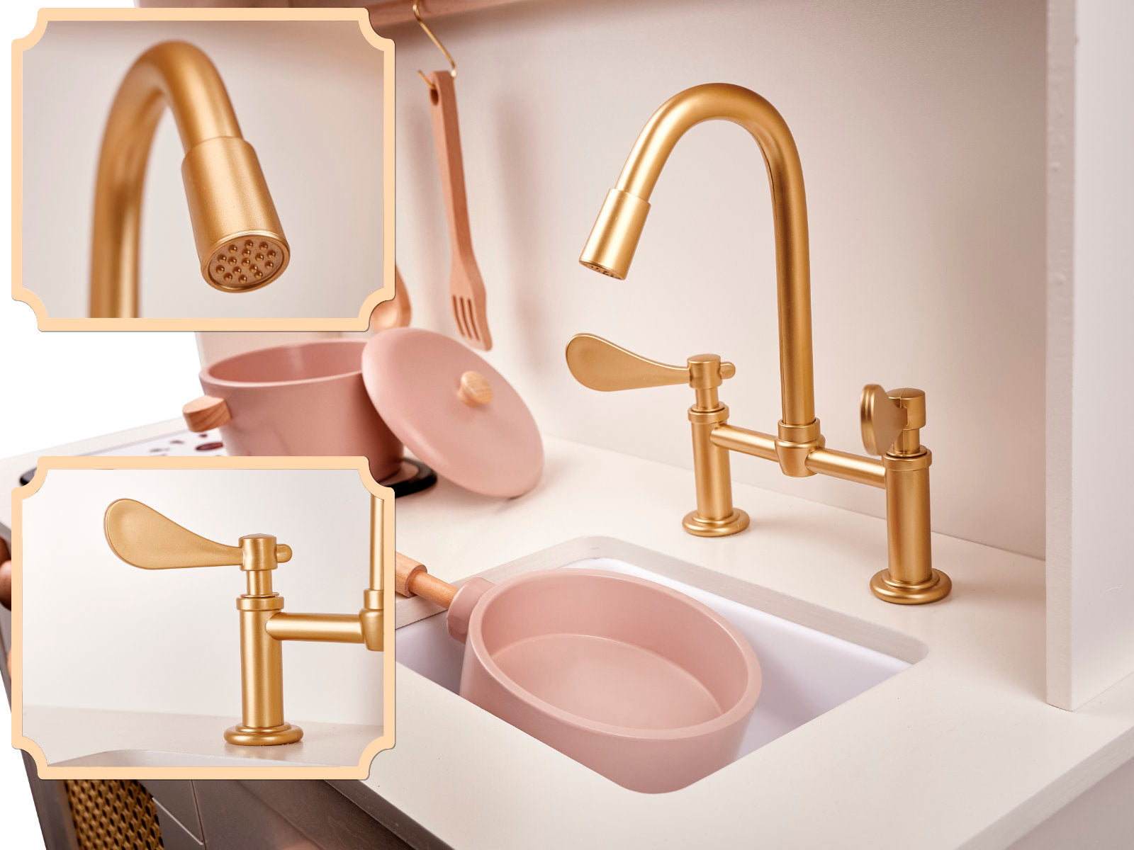 Bucatarie din lemn pentru copii 100x68x29 cm, cu accesorii si efecte luminoase, stil retro, MDF si plastic, boho, crem