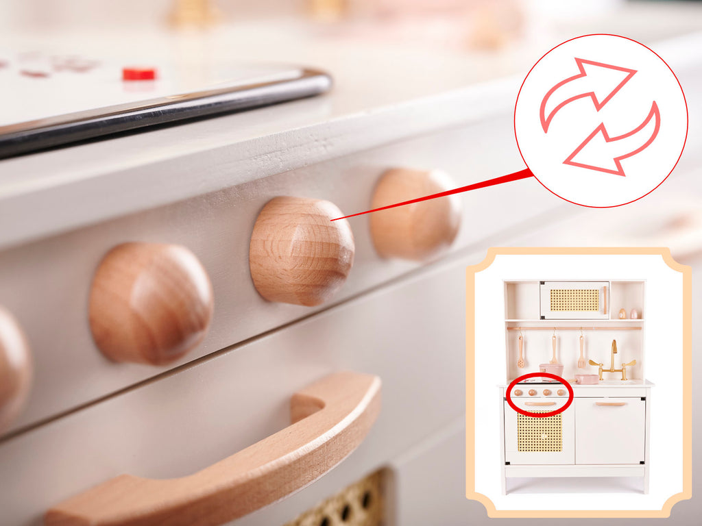 Bucatarie din lemn pentru copii 100x68x29 cm, cu accesorii si efecte luminoase, stil retro, MDF si plastic, boho, crem