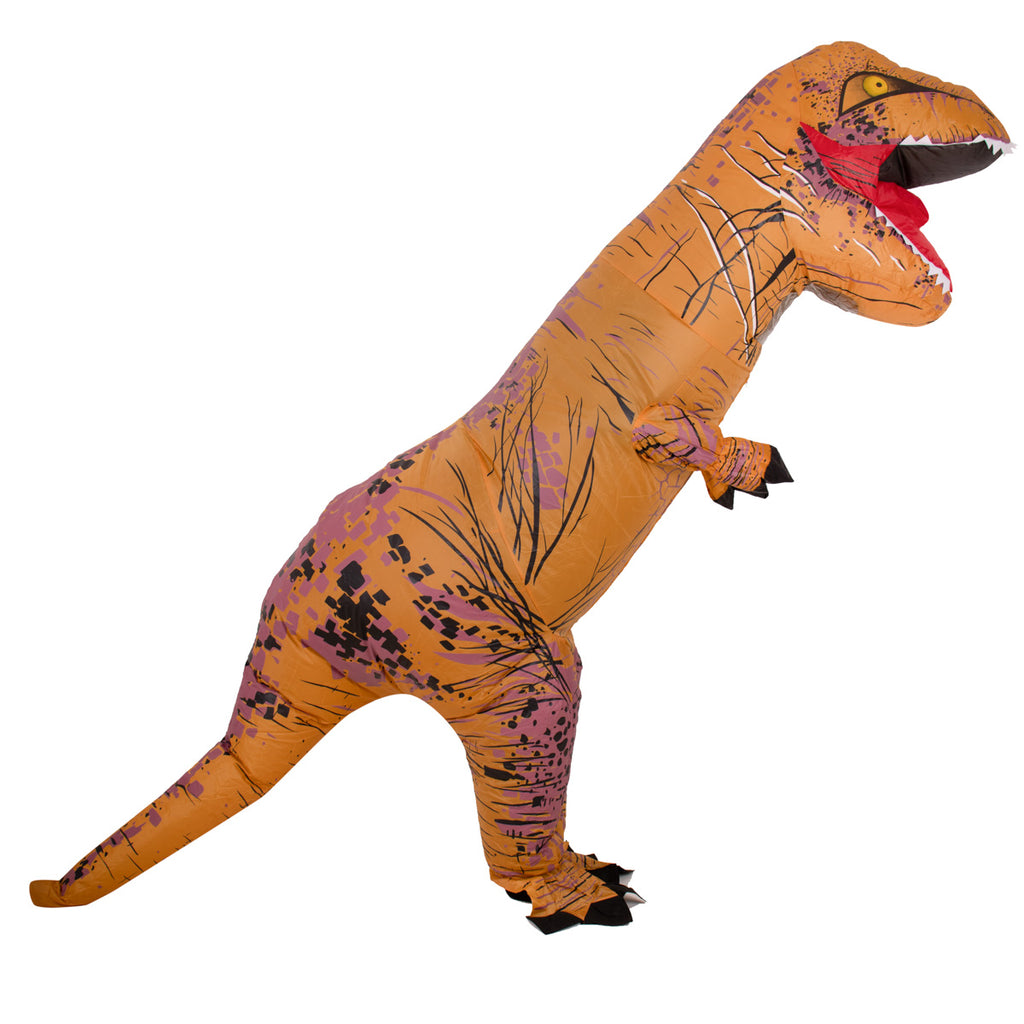 Costum dinozaur T-Rex gonflabil, cu ventilator si fermoar frontal, marime universala 150–190 cm, maro