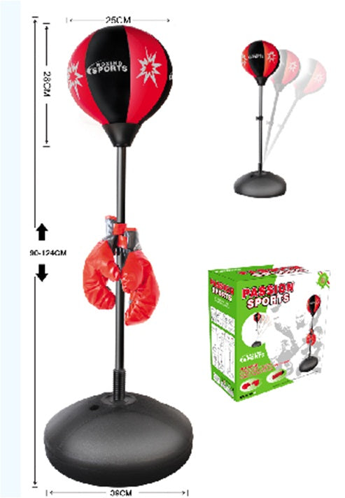 Set sac de box pentru copii, cu baza stabila, reglabila 90–124 cm, manusi si pompa incluse, negru-rosu