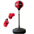 Set sac de box pentru copii, cu baza stabila, reglabila 90–124 cm, manusi si pompa incluse, negru-rosu