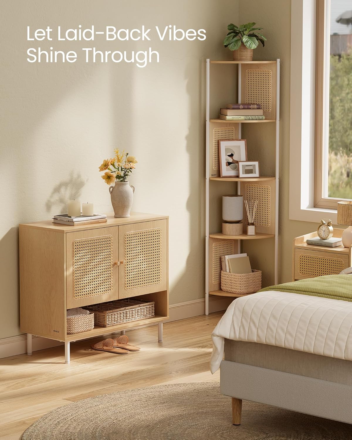 VASAGLE Raft pantofi 3 usi cu aspect ratan, cadru PAL si picioare metalice, stil boho, 80x35x70 cm, stejar bej