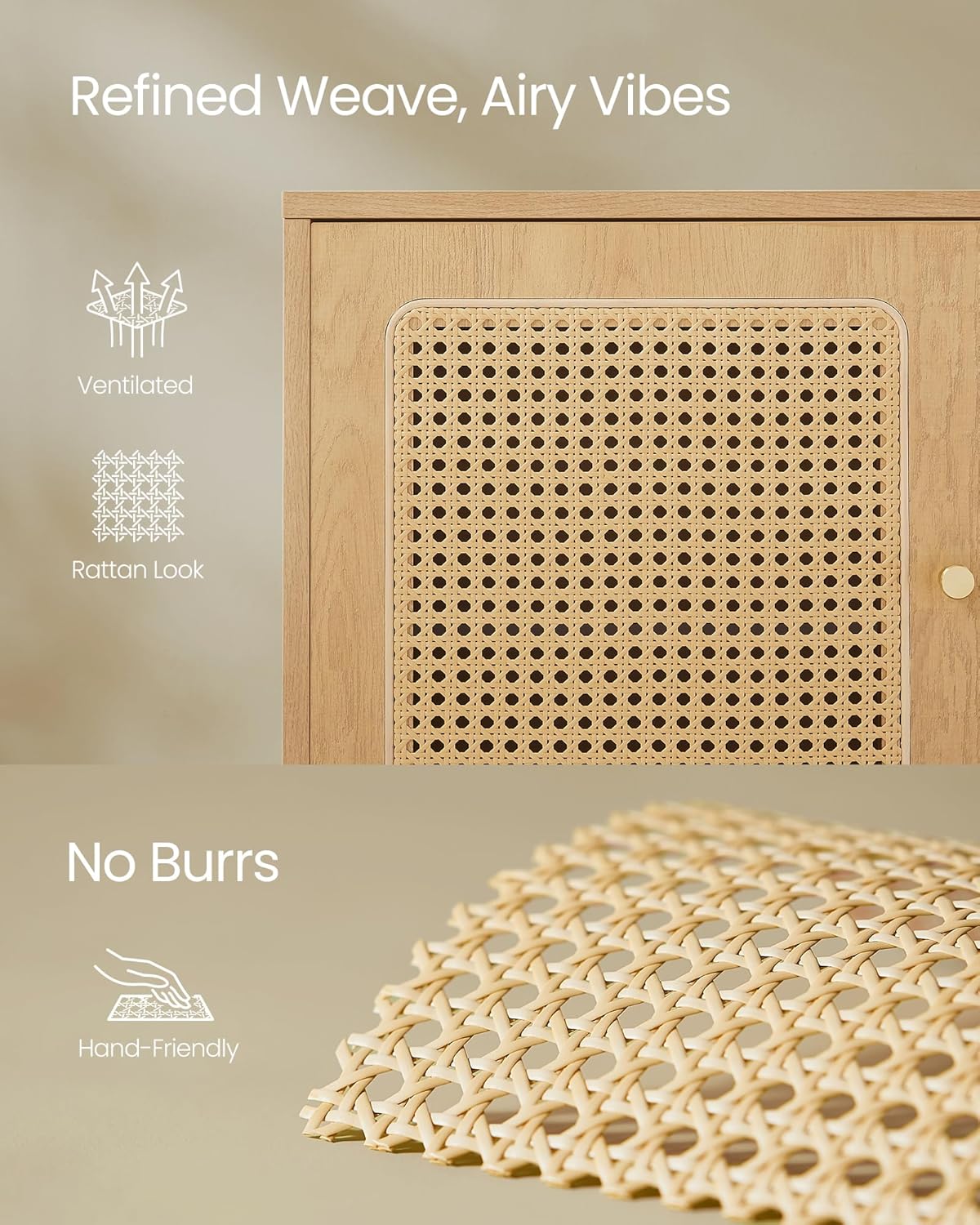 VASAGLE Raft pantofi 3 usi cu aspect ratan, cadru PAL si picioare metalice, stil boho, 80x35x70 cm, stejar bej