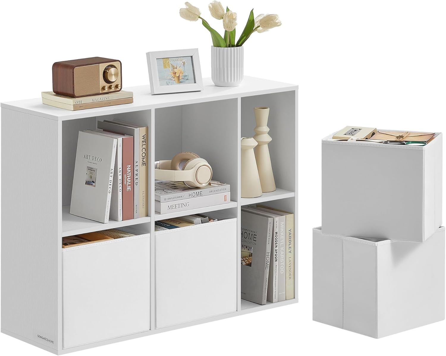 SONGMICS Etajera 6 compartimente, 4 sertare textile, PAL si MDF, 27x83x92 cm, alb