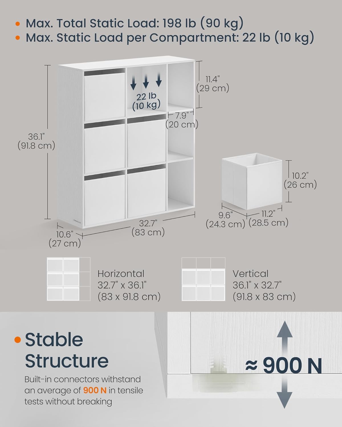 SONGMICS Etajera 6 compartimente, 4 sertare textile, PAL si MDF, 27x83x92 cm, alb