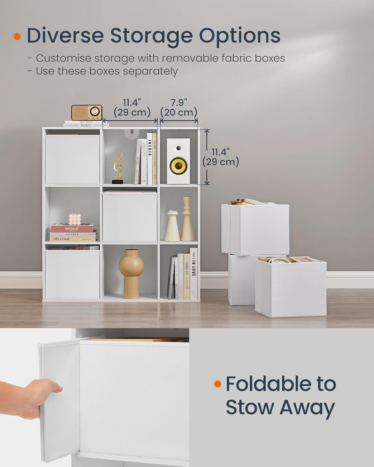 SONGMICS Etajera 6 compartimente, 4 sertare textile, PAL si MDF, 27x83x92 cm, alb