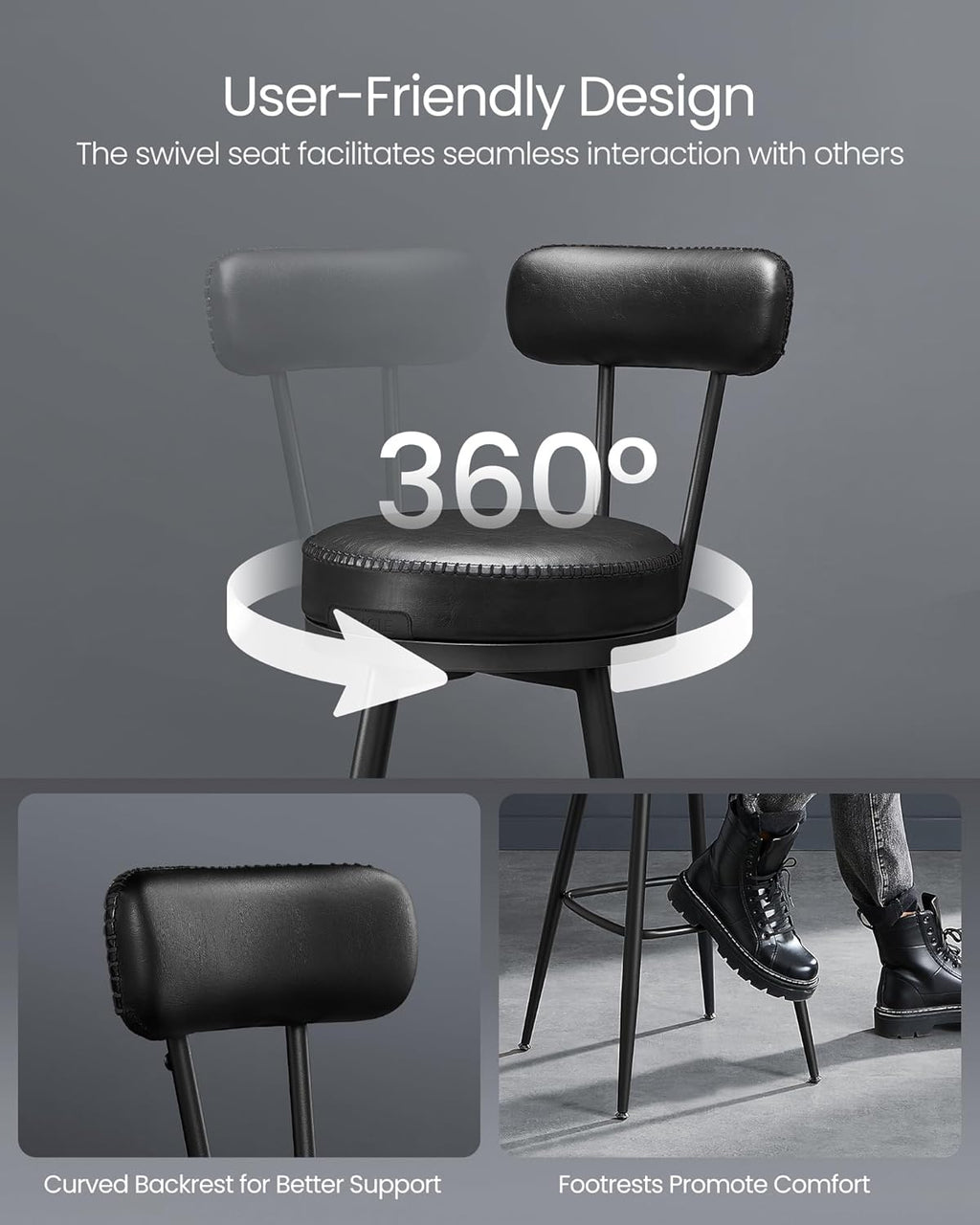 VASAGLE set 2 scaune de bar rotative 360°, cu spatar, inaltime 101 cm, piele sintetica, cadru otel, stil modern, negru