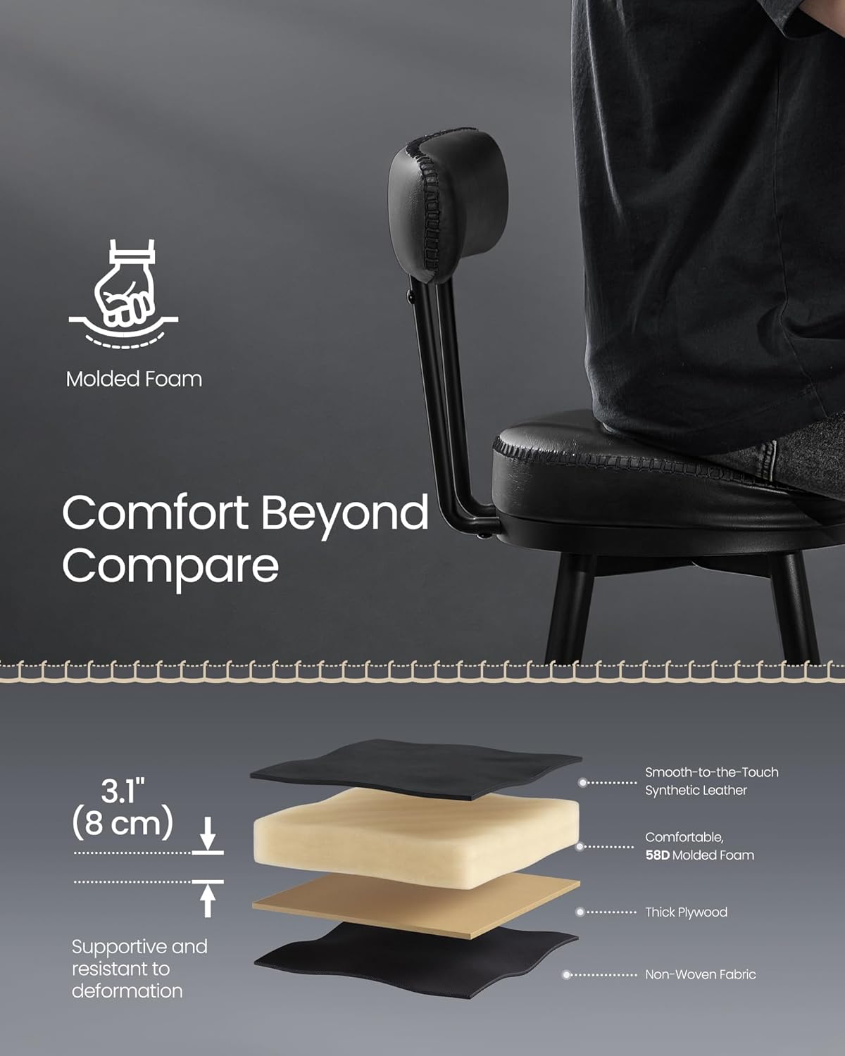 VASAGLE set 2 scaune de bar rotative 360°, cu spatar, inaltime 101 cm, piele sintetica, cadru otel, stil modern, negru