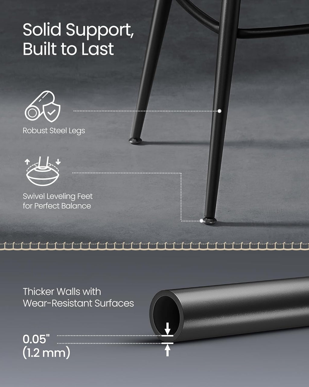 VASAGLE set 2 scaune de bar rotative 360°, cu spatar, inaltime 101 cm, piele sintetica, cadru otel, stil modern, negru