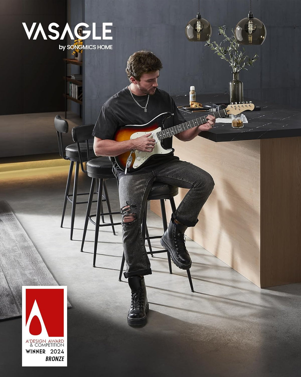 VASAGLE set 2 scaune de bar rotative 360°, cu spatar, inaltime 101 cm, piele sintetica, cadru otel, stil modern, negru